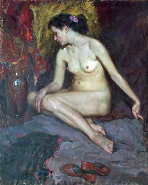 живописная работа с изображением голой зрелой женщины сидящей возле кувшина, эротика рисунок