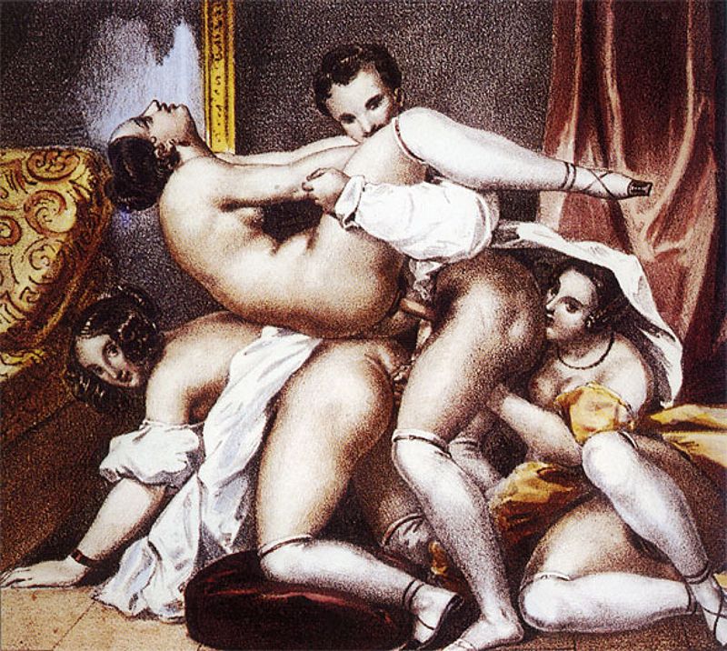 три толстых голых барышни трахаются с одним кавалером, картинка эротической живописи