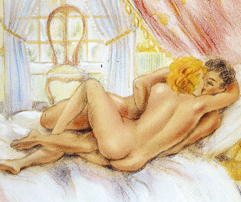 рисунок голой парочки занятой сексом на кровати, картинка эротической живописи