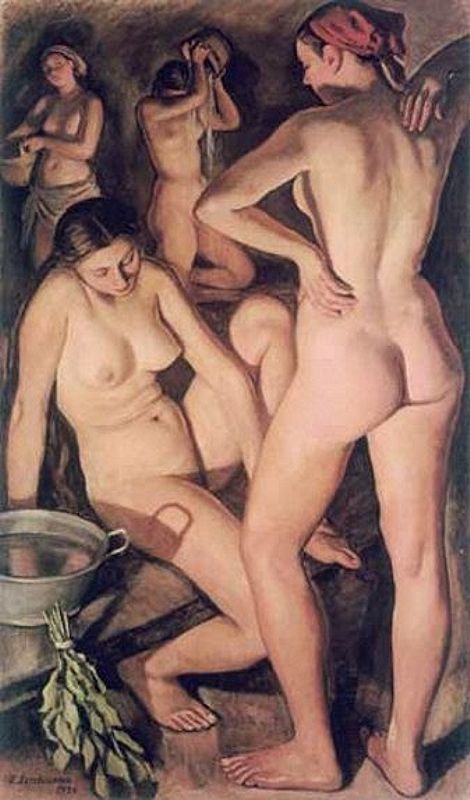 четыре обнаженных женщины моются в бане, картинка эротической живописи