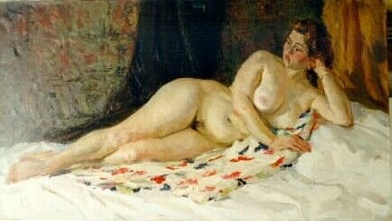 пышная зрелая тетка лежащая на кровати в голом виде с задумчивой позой, картинка эротической живописи