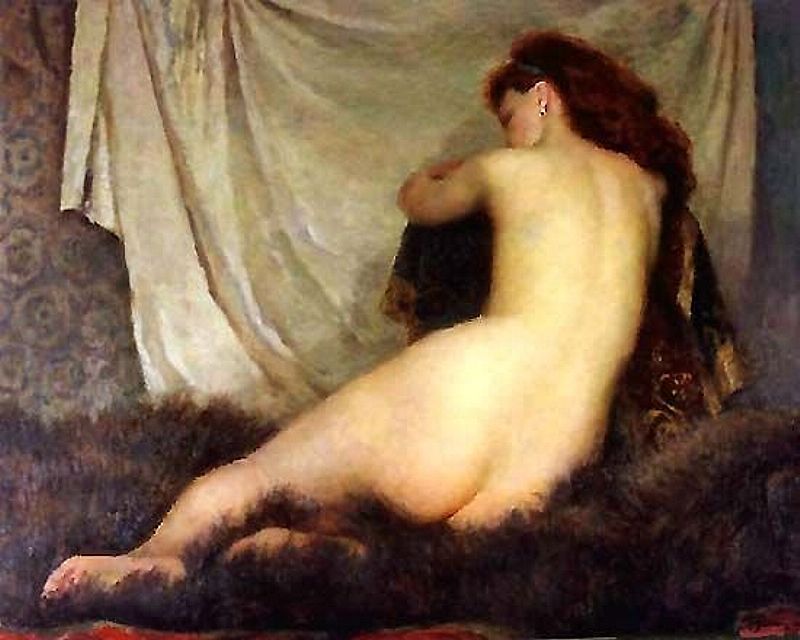 спина и попа женщины сидящей на меховой подстилке, картинка эротической живописи